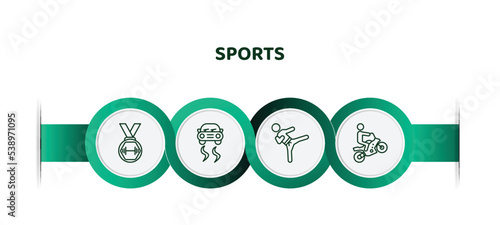 editable thin line icons with infographic template. infographic for sports concept. included weight lifting medal, drift car, karate fighter, motocross icons.