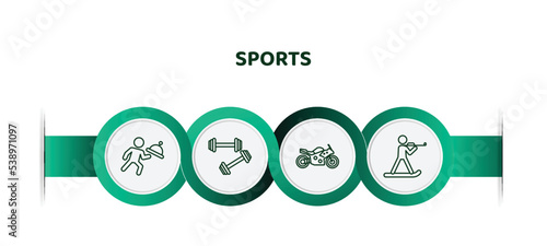 editable thin line icons with infographic template. infographic for sports concept. included waiter falling, weighted bars, motor sports, biathlon icons.