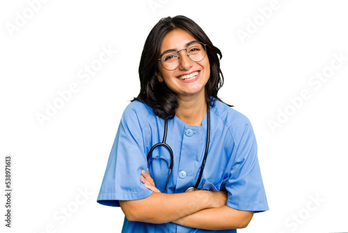 Young nurse Indian woman isolated laughing and having fun. photo