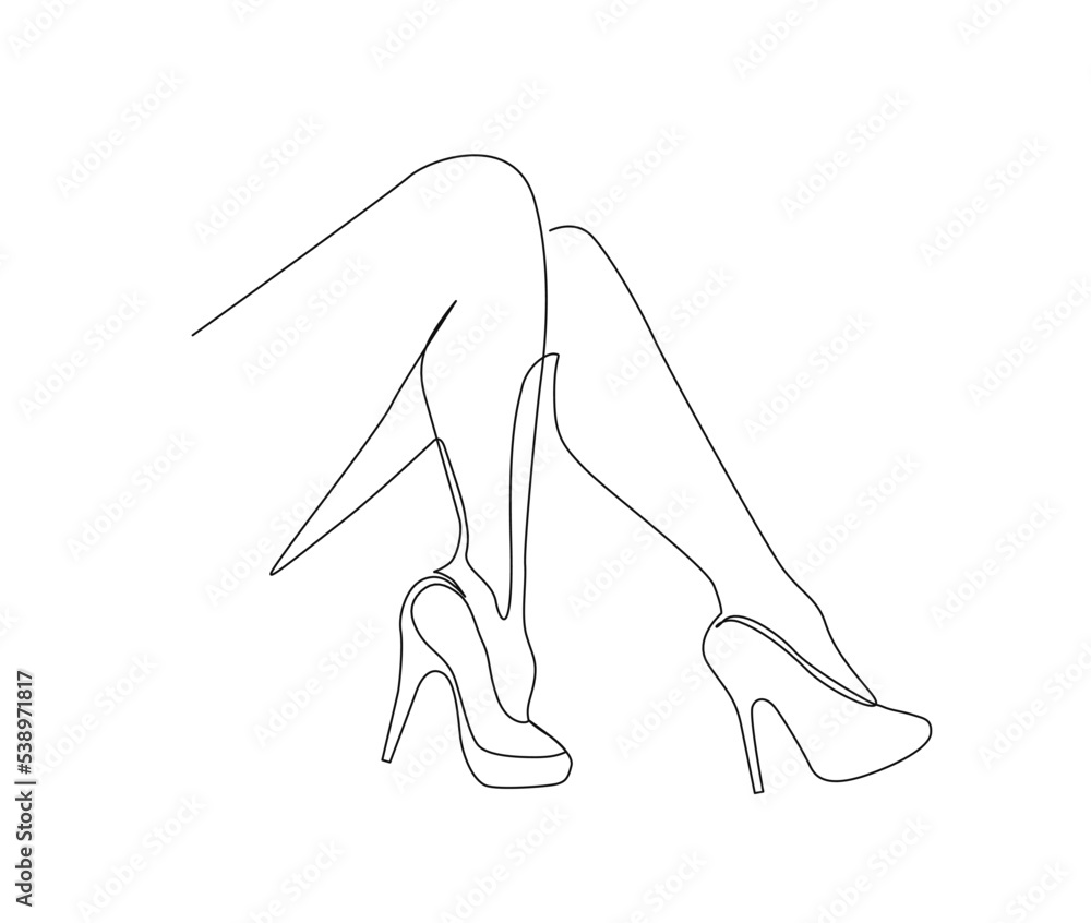 Continuous one line drawing of women legs on high heels. Women stiletto