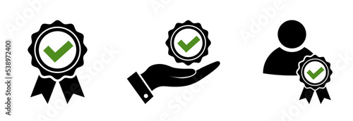 Service offer icon set style. Award rosette symbol with check in black. Check best option symbol in black isolated on white background.Vector illustration for graphic design, Web, app, UI, mobile app.