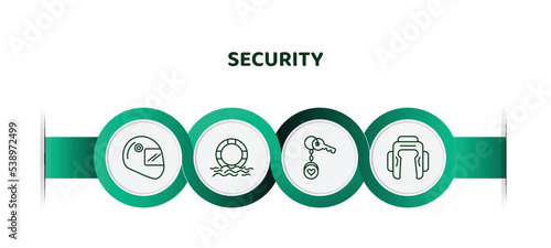 editable thin line icons with infographic template. infographic for security concept. included racing helmet, float, key chain, boxing helmet icons.