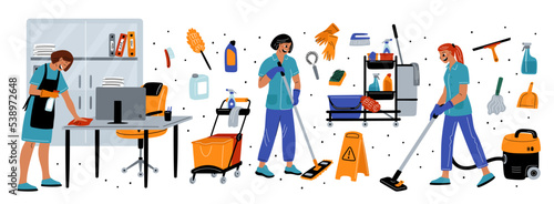 Cartoon cleaning service equipment. Professional housekeeper accessories. Cleaner characters with hygiene tools and chemicals. Women in uniform mopping or dust wiping. Garish vector set