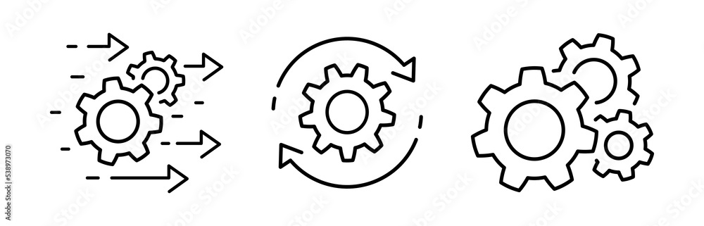 Process management icon set, optimization operation, transmission gear wheel with arrow Agile process thin line icons in flat style Technology sign, engine symbol isolated on white Vector illustration Process management icon set, optimization operation, transmission gear wheel with arrow Agile process thin line icons in flat style Technology sign, engine symbol isolated on white Vector illustration