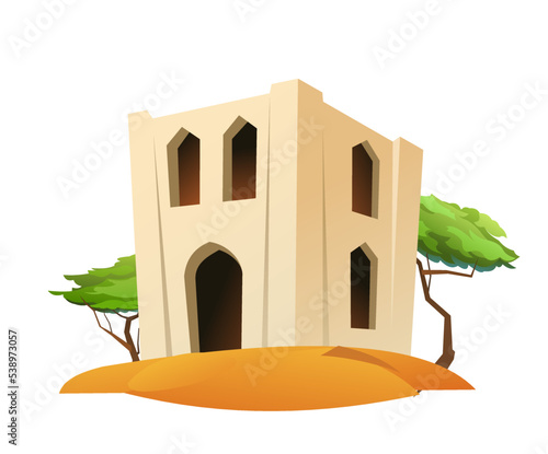 Arab clay double decker hut. In sandy desert. Middle Eastern adobe dwelling. Africa and Asia traditional house. Isolated on white background Vector.