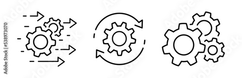 Process management icon set, optimization operation, transmission gear wheel with arrow Agile process thin line icons in flat style Technology sign, engine symbol isolated on white Vector illustration