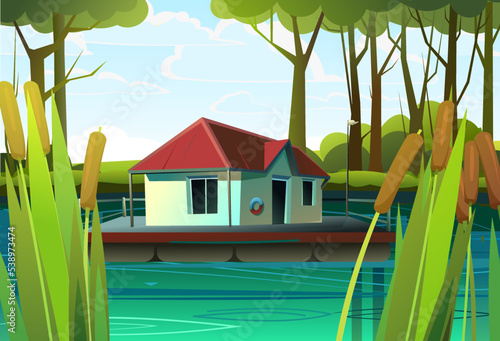Floating house On river with reeds.. Dwelling with small courtyard on water. illustration vector.