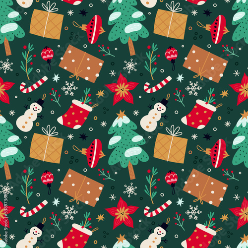 Christmas seamless pattern. New year wallpapers. Repeated textile print. Winter celebration elements. Fir trees and snowflakes. Ball toys. Snowman or gift socks. Garish vector background