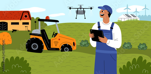 Farming with drone. Field work remote monitoring. Agriculture innovation technologies. Management watering. Harvest growing digital smart control. Robot tractors. Garish vector concept