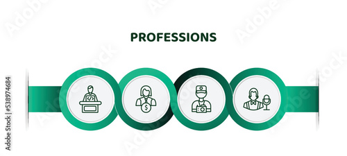 editable thin line icons with infographic template. infographic for professions concept. included software developer, financial manager, photographer, showman icons.