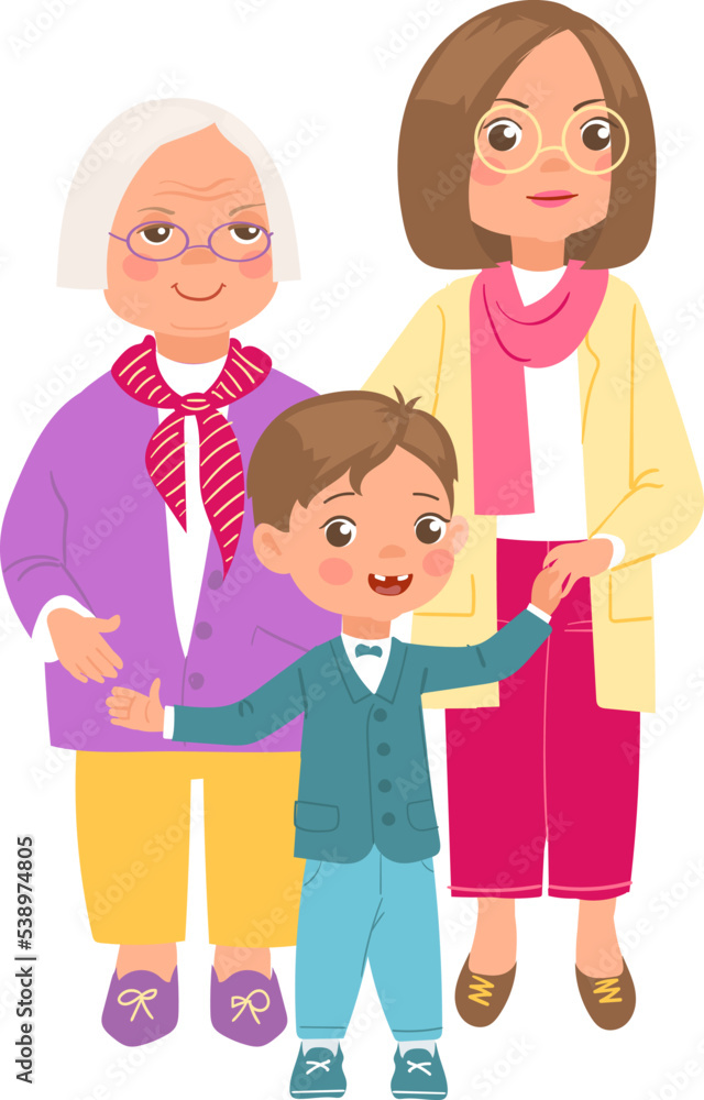 Happy family. Cartoon boy standing together with mother and grandma. Relatives group portrait. Young and senior women. Parents and children. People relationship. Vector illustration Happy family. Cartoon boy standing together with mother and grandma. Relatives group portrait. Young and senior women. Parents and children. People relationship. Vector illustration