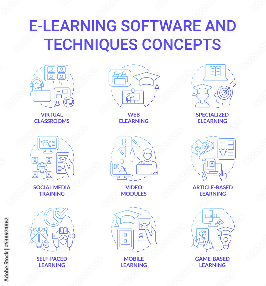 Elearning platform and technique blue gradient concept icons set. Online study idea thin line color illustrations. Isolated outline drawings