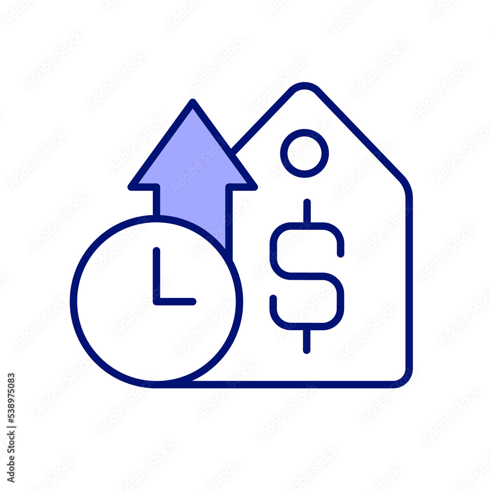 Time-based pricing RGB color icon. Raise price for special-event period. Pricing strategy in marketing. Isolated raster illustration. Simple filled line drawing Time-based pricing RGB color icon. Raise price for special-event period. Pricing strategy in marketing. Isolated raster illustration. Simple filled line drawing