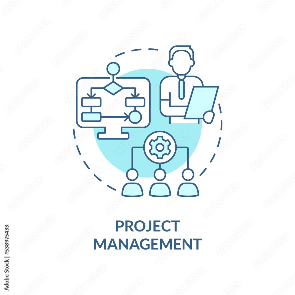 Project management turquoise concept icon. Skills for human resources abstract idea thin line illustration. Isolated outline drawing Project management turquoise concept icon. Skills for human resources abstract idea thin line illustration. Isolated outline drawing