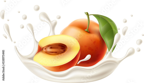 Realistic yogurt fruit splashes. Whole or half peach. Fermented milk drops and liquid burst. Cream beverage splatters. Dairy product taste. Healthy food. Vector natural nectarine pieces