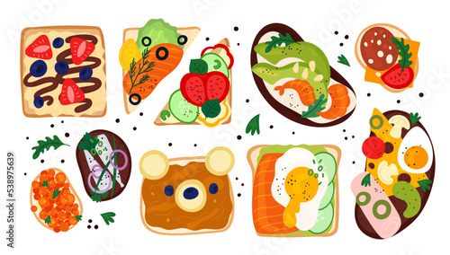 Fototapeta Naklejka Na Ścianę i Meble -  Sandwiches top view. Toasts with different ingredients. Tasty snack. Vegetables and salmon pieces on bread slice. Bruschetta with toppings and fruits. Brunch appetizer. Garish vector set
