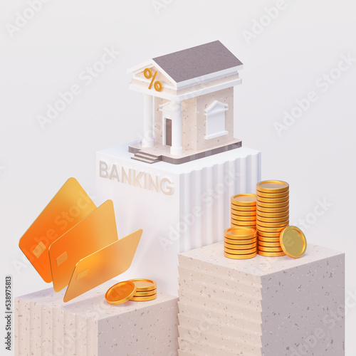 Cute bank with gold coins and a credit cards for finance, banking and marketing. 3d illustration