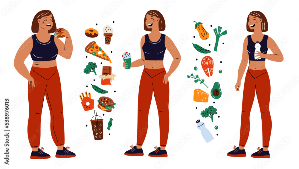 Weight loss stages. Body transformation process from fat to slim. Woman ...