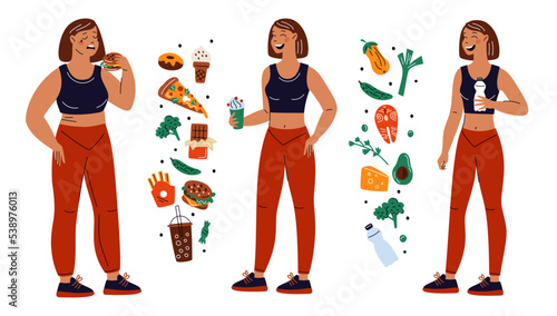 Weight loss stages. Body transformation process from fat to slim. Woman character lifestyle. Obese and athletic figures. Changing diet. Healthy nutrition or fast food. Vector concept