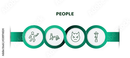 editable thin line icons with infographic template. infographic for people concept. included man walking and smoking, worker loading, devil head with horns, man jumping icons.