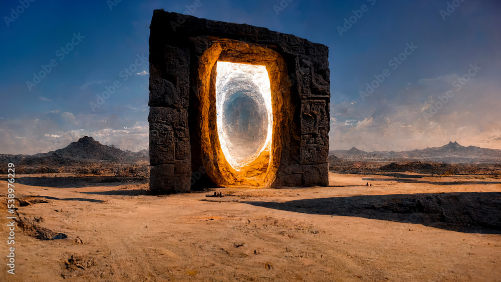 Portal to the unknown Ancient Stargate in the Desert Stock Photo