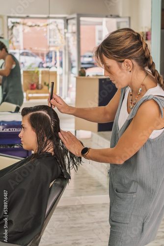 Hairdresser In Her Workspace. Young Girl Inside A Hairdresser's Salon Combing Her Hair. Beauty Salon
