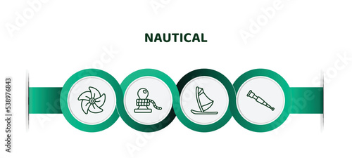 editable thin line icons with infographic template. infographic for nautical concept. included boat screw, rope tied, windsurf board, spyglass icons.