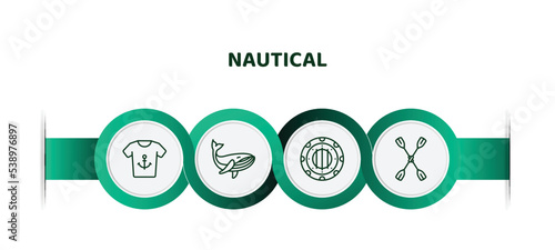 editable thin line icons with infographic template. infographic for nautical concept. included shirt, whale, submarine window, double paddle icons.