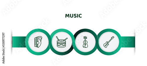 editable thin line icons with infographic template. infographic for music concept. included zither, percussion, viola, bass guitar icons.