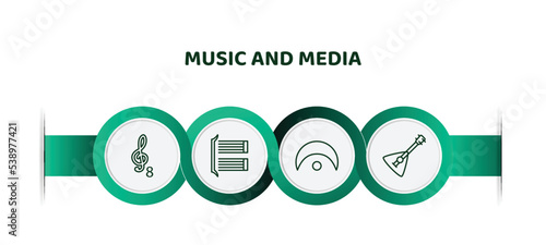 editable thin line icons with infographic template. infographic for music and media concept. included octave, bracket, fermata, balalaika icons.