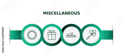editable thin line icons with infographic template. infographic for miscellaneous concept. included beer cap, wrapped gift, puncher, carpet beater icons.