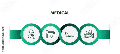 editable thin line icons with infographic template. infographic for medical concept. included otoscope, medical records, inhalator, epidermis icons.