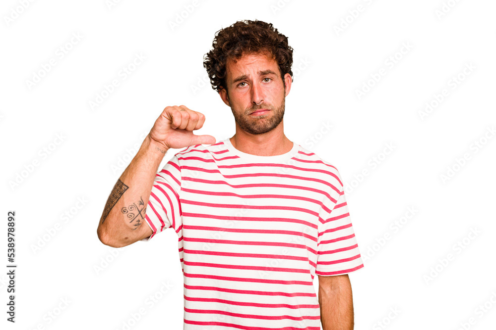 Young caucasian curly hair man isolated Young caucasian man with curly hair isolated showing a dislike gesture, thumbs down. Disagreement concept. Young caucasian curly hair man isolated Young caucasian man with curly hair isolated showing a dislike gesture, thumbs down. Disagreement concept.