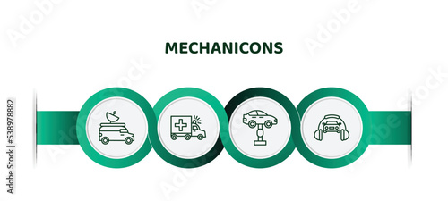 editable thin line icons with infographic template. infographic for mechanicons concept. included van an antenna, ambulance facing left, garage elevator, car and headphones icons.
