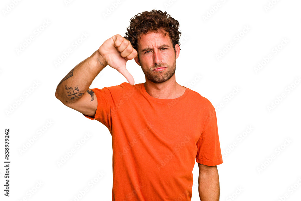 Young caucasian curly hair man isolated Young caucasian man with curly hair isolated showing thumb down and expressing dislike. Young caucasian curly hair man isolated Young caucasian man with curly hair isolated showing thumb down and expressing dislike.