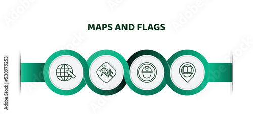 editable thin line icons with infographic template. infographic for maps and flags concept. included arrow on globe, school zone, mine site, reading zone icons.