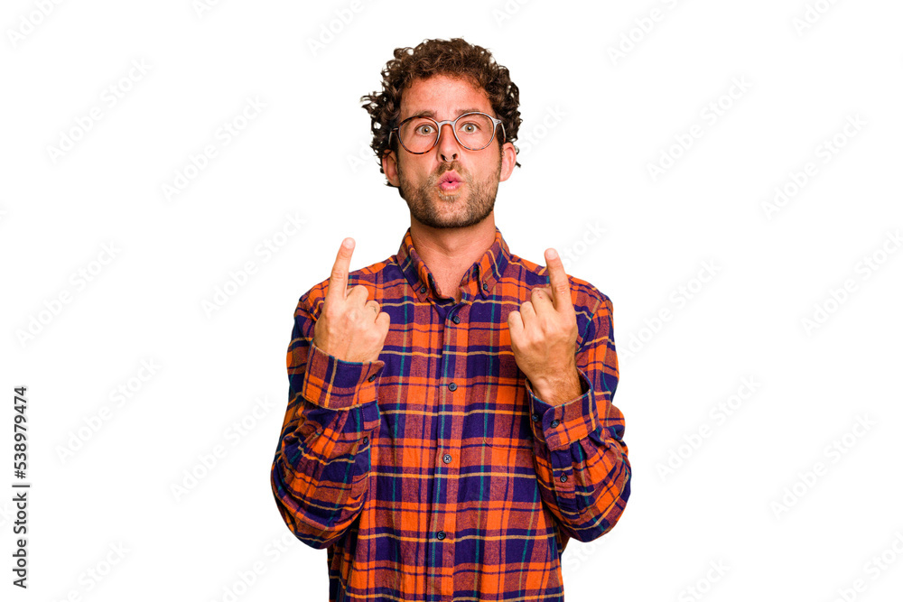 Young caucasian curly hair man isolated Young caucasian man with curly hair isolated pointing upside with opened mouth.