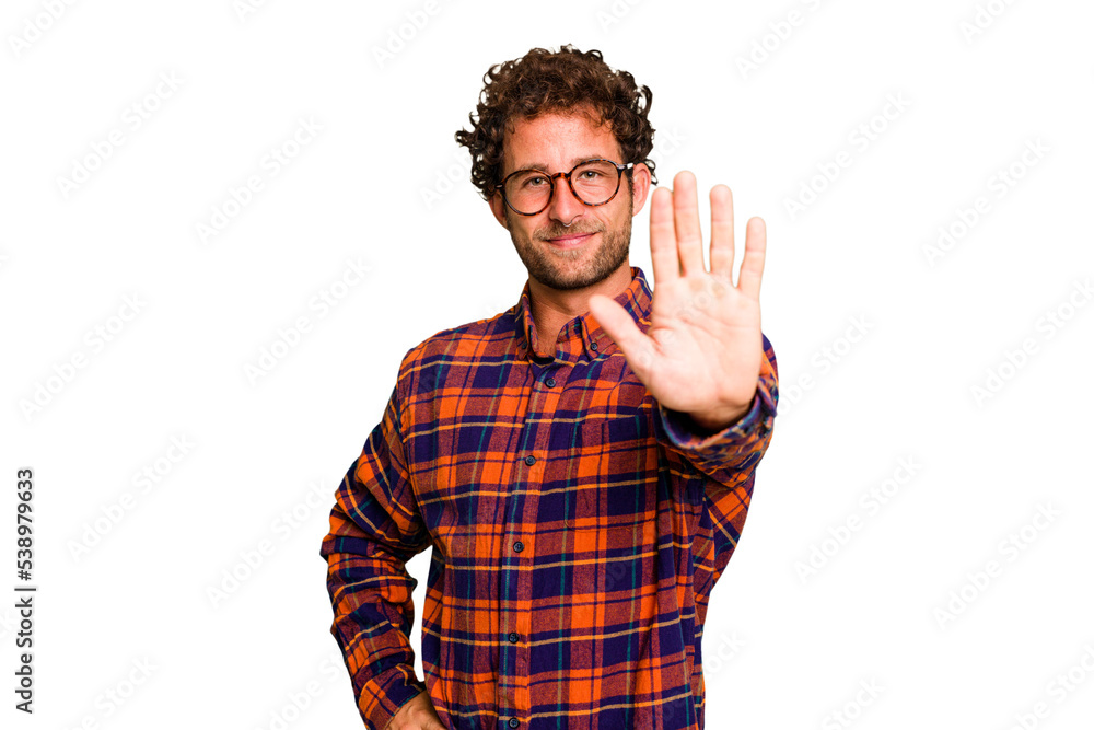 Young caucasian curly hair man isolated Young caucasian man with curly hair isolated smiling cheerful showing number five with fingers. Young caucasian curly hair man isolated Young caucasian man with curly hair isolated smiling cheerful showing number five with fingers.