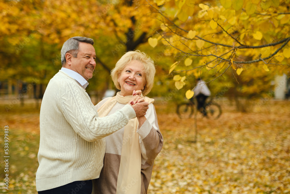 Active seniors on a walk in autumn forest Active seniors on a walk in autumn forest