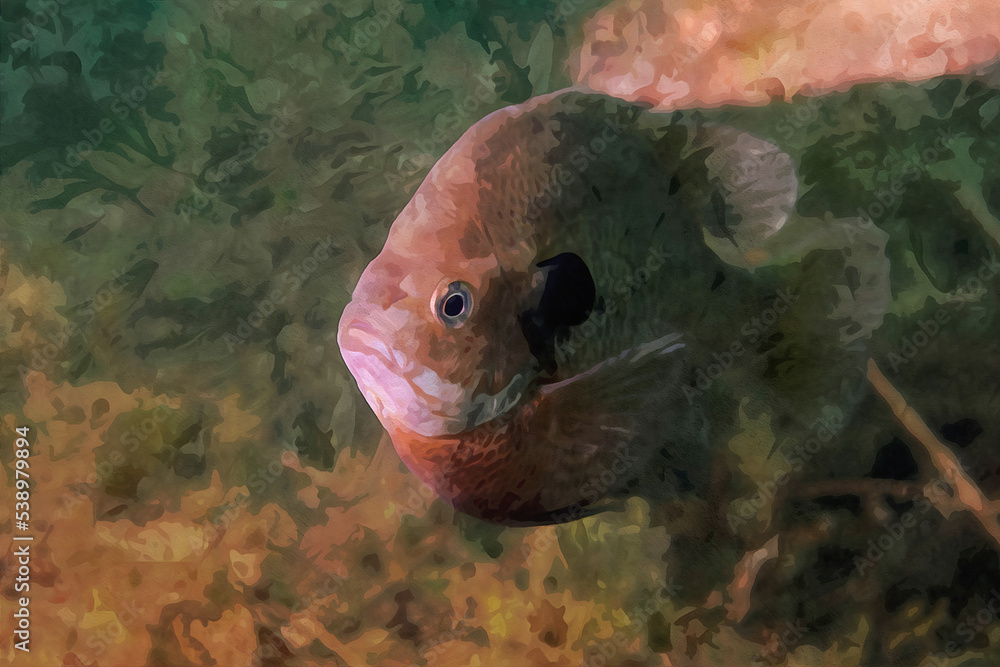 Digitally created watercolor painting of a male bluegill dollar sunfish in  a natural habitat surrounding Stock Illustration