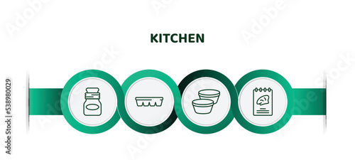 editable thin line icons with infographic template. infographic for kitchen concept. included jar, ice cube tray, custard cup, recipe book icons.