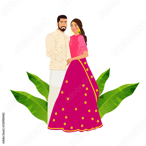 Indian Wedding Couple Together Standing on White Background. Vector design for wedding invitation, web design, prints.