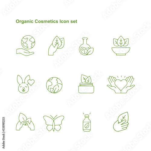 Organic cosmetics icon. Eco friendly cruelty free line badges for beauty products and vegan food. No animal tested, natural icons vector set. For sensitive skin, ethically sourced collection photo