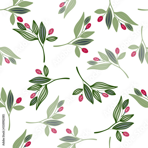 Barberry twigs seamless pattern. Wild berries floral wallpaper.