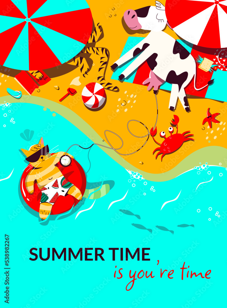 Naklejka premium postcard summer time - it's your time. A happy cat is resting on an inflatable ring and drinking a milkshake right from under the cow.