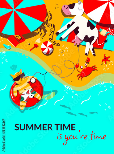 postcard summer time - it s your time. A happy cat is resting on an inflatable ring and drinking a milkshake right from under the cow.