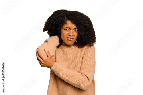 Young African American woman isolated having a neck pain due to stress, massaging and touching it with hand.