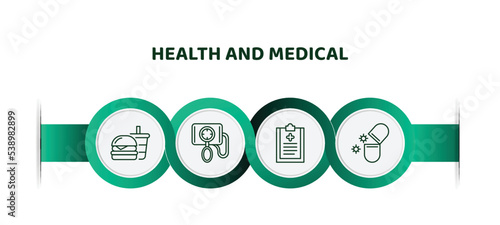 editable thin line icons with infographic template. infographic for health and medical concept. included fast food, blood pressure gauge, medical checklist, antibiotics icons.