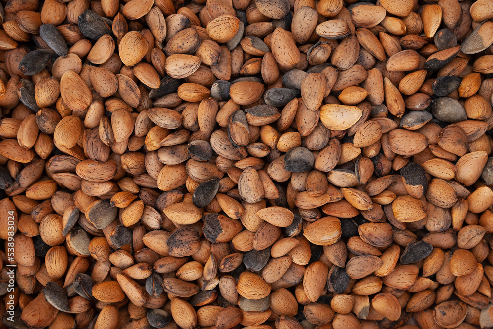 Almond background texture of nuts, unshelled and unprocessed healthy food, in warm autumnal tones Almond background texture of nuts, unshelled and unprocessed healthy food, in warm autumnal tones