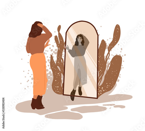 Psychology concept of finding and meeting with unconscious part of self concept.Woman meet shadow of her personality. Archetype psychology concept. Cartoon flat vector illustration 